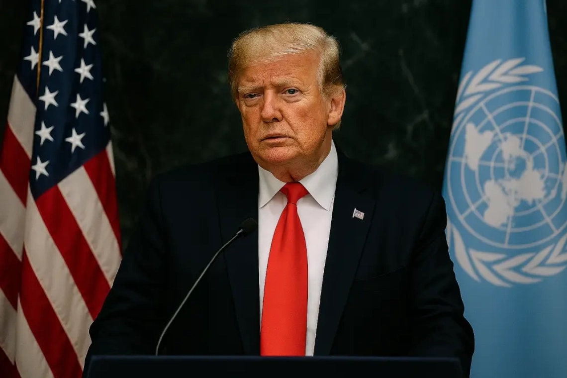 Donald Trump staat achter een spreekgestoelte tussen de Amerikaanse en VN-vlag, met een serieuze blik en rode stropdas, tijdens een diplomatiek moment in een formele setting.
